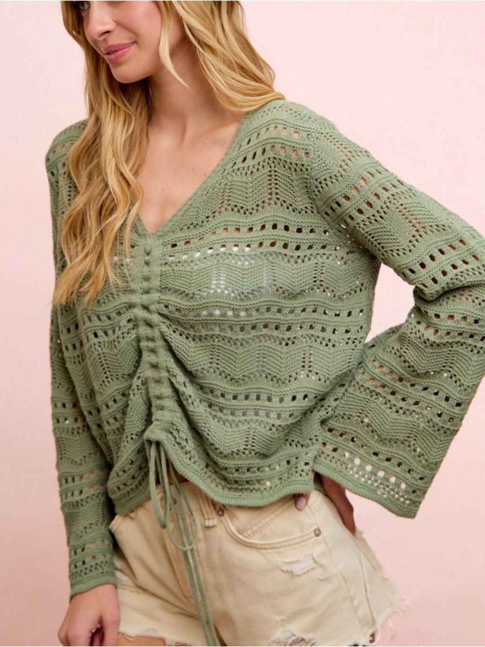 💚 Hello Gorgeous! BiBi Pointelle Knit V Neck Ruched Front Lightweight Top